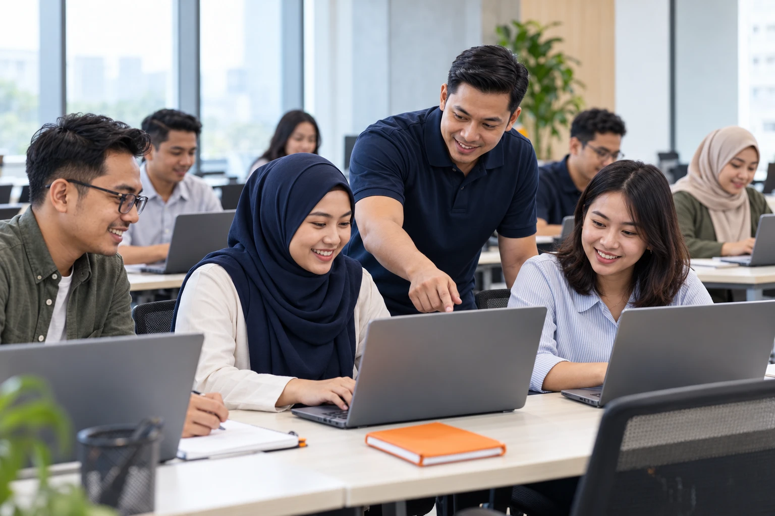 Professionals learning with support from an instructor
