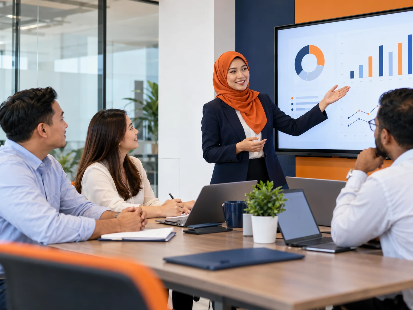 Trainer guiding a corporate team through a business dashboard